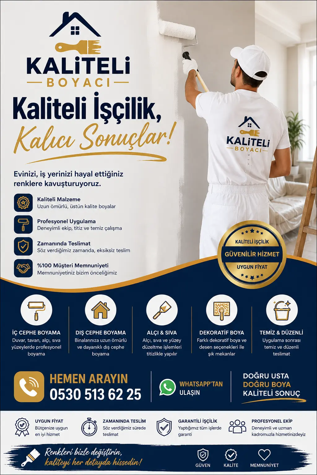 Kaliteli Boyacı hizmet afişi: iç cephe boyama, dış cephe boyama, alçı ve sıva, dekoratif boya başlıkları ve iletişim bilgileri