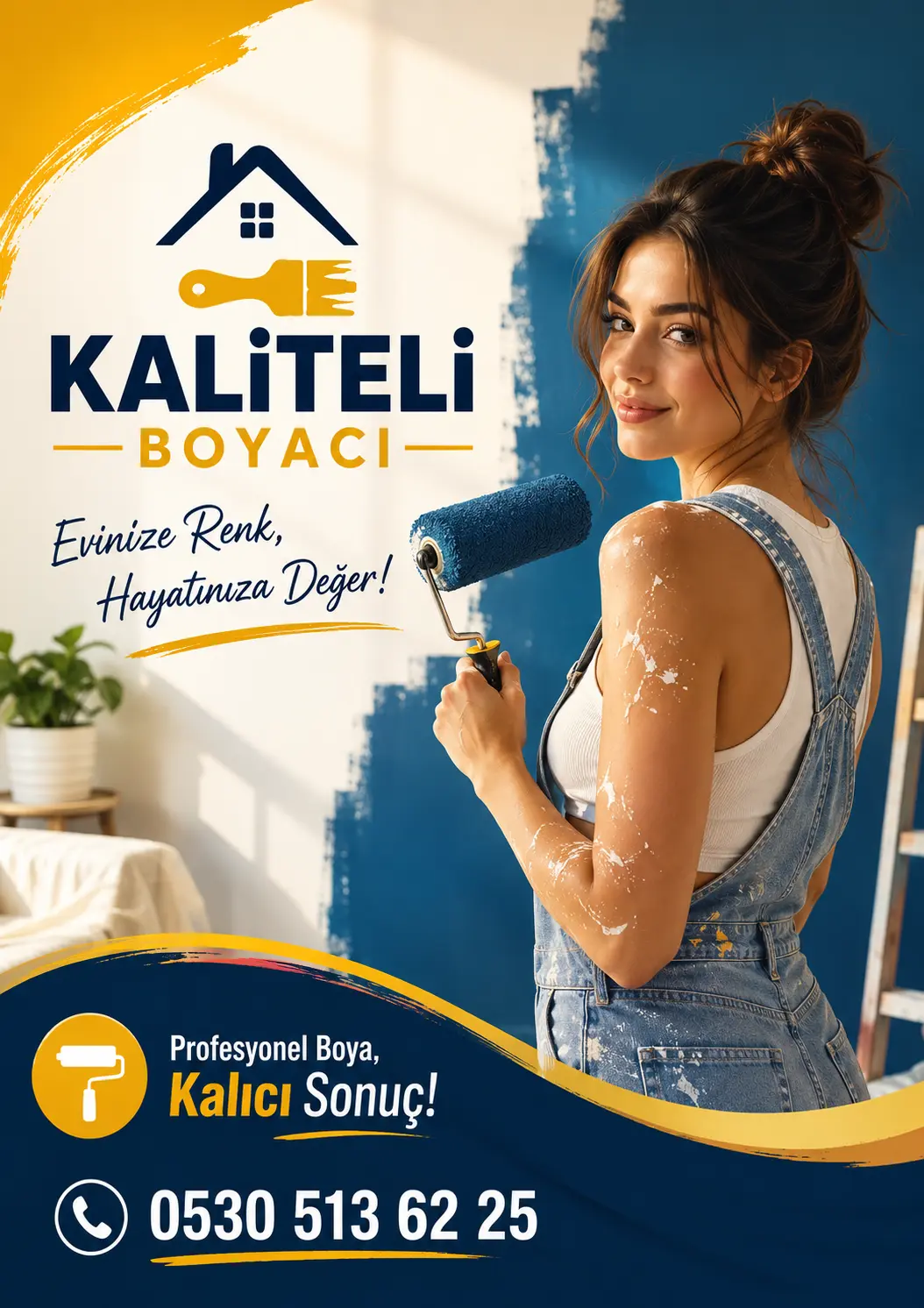 Kaliteli Boyacı tanıtım afişi: rulo ile duvar boyayan usta ve “Evinize renk, hayatınıza değer” sloganı